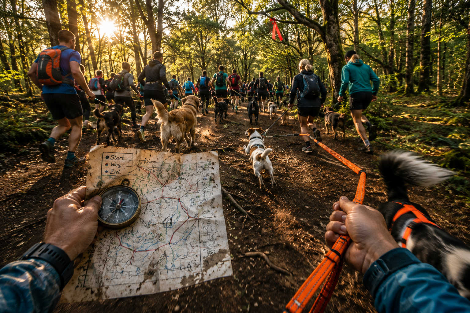 Hundeverein Schnitzeljagd im Wald mit Karte und Kompass